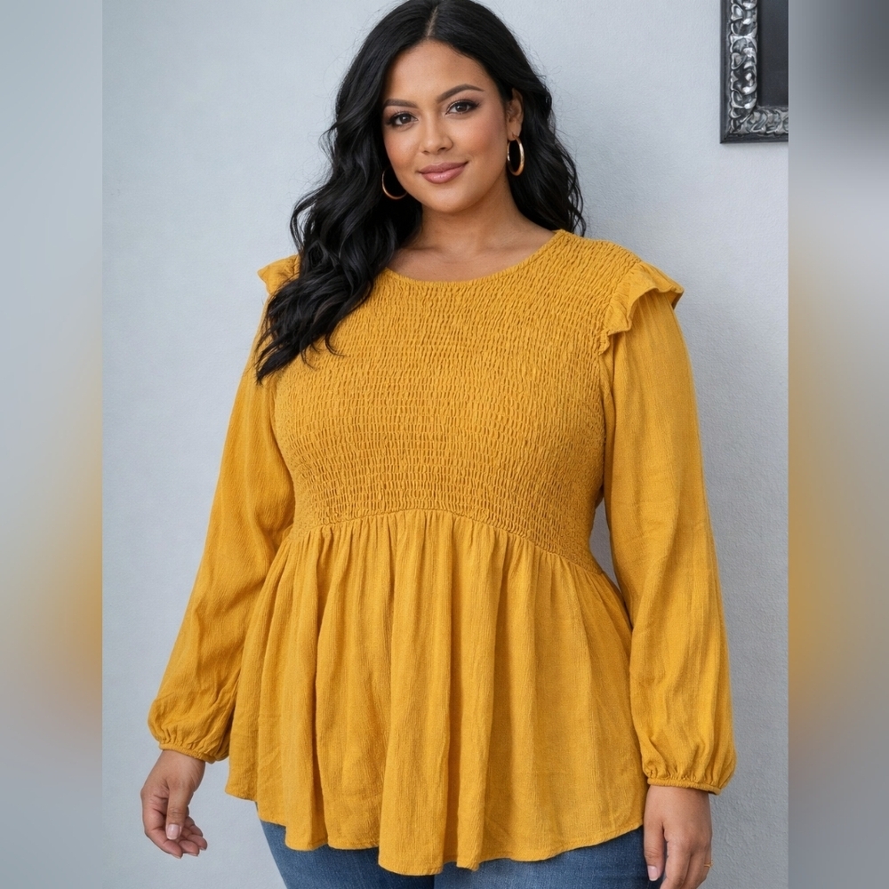 Torrid Mustard Smocked Long Sleeve Blouse 4X, women's